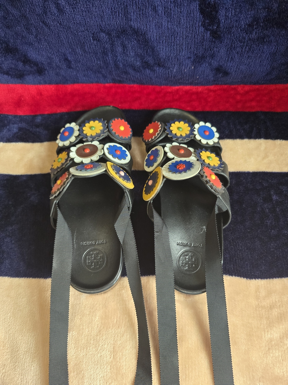 Tory Burch Black Slide Sandals with Multicolor Floral Appliqués